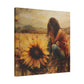 A Elena Duval: Solace in Solitude canvas print emotively depicting a woman sitting in a field of sunflowers, capturing the essence of human experience by Printify.