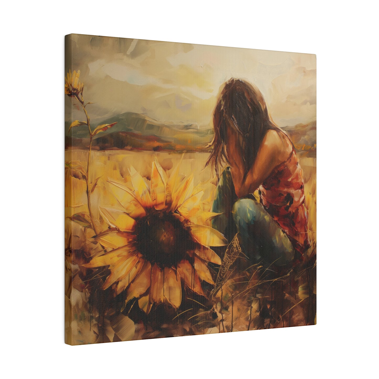 A Elena Duval: Solace in Solitude canvas print emotively depicting a woman sitting in a field of sunflowers, capturing the essence of human experience by Printify.