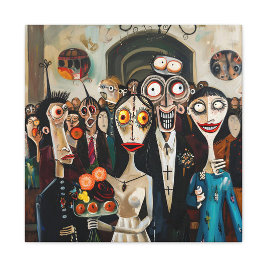 Whimsical wedding scene with caricatured bride and groom, surrounded by guests with exaggerated, comical expressions, set against a backdrop of abstract and surreal elements