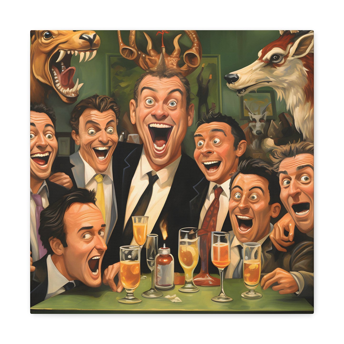 Cheers to the Groom: A Wild Night's Tale' by Archie Goodwin, a jubilant portrayal of a stag night full of laughter and camaraderie. The artwork features a backdrop of taxidermy and toasts, with each character's exaggerated expression telling a story of epic merriment and brotherhood