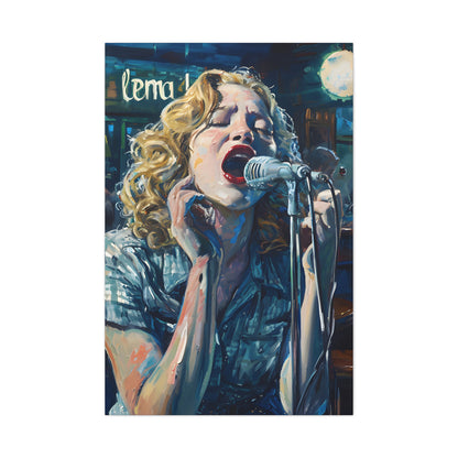 vertical canvas Artwork evoking 'American Pie' by Don McLean, with a singer's expressive performance reflecting the song's themes of innocence lost and enduring music, set in a moody, dimly lit bar ambiance.