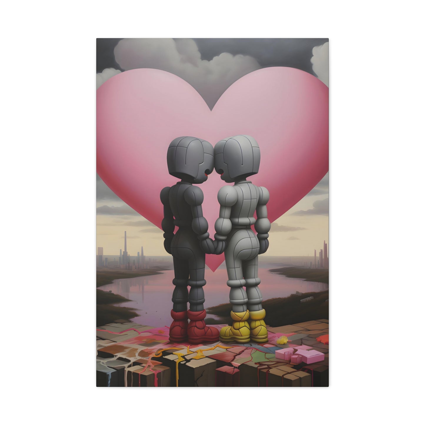 image 4 Contemporary artwork by Archer Dent, reflecting on connection in a mechanized era, blending urban surrealism with a tender embrace against a stark cityscape, provoking thoughts on love amidst modernity.
