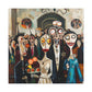 image 4 Whimsical wedding scene with caricatured bride and groom, surrounded by guests with exaggerated, comical expressions, set against a backdrop of abstract and surreal elements