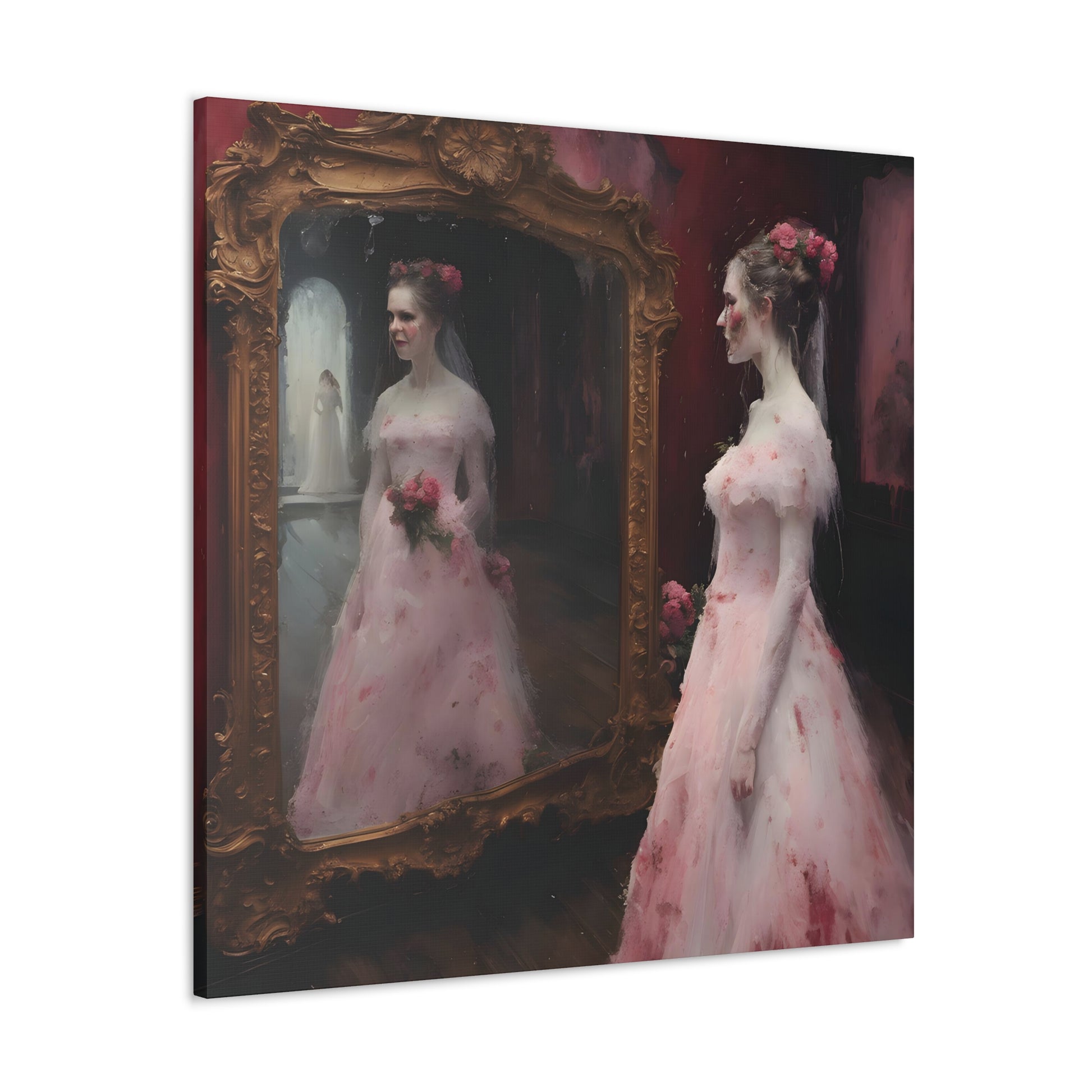 angled pic Reflections of a Timeless Moment' painting captures a bride in a vintage pink gown, reflecting in a grandiose mirror in a Victorian dressing room. The artwork contrasts the opulent gold frame with the room's dark tones, highlighting her delicate dress and tender expression, symbolizing personal reflection and quiet joy before a life-changing event
