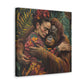 A woman in a floral dress embracing an orangutan amidst a lush tropical backdrop, rendered on a vibrant David Miller. Embrace of the Wild. Exclusive Canvas Print from Printify.