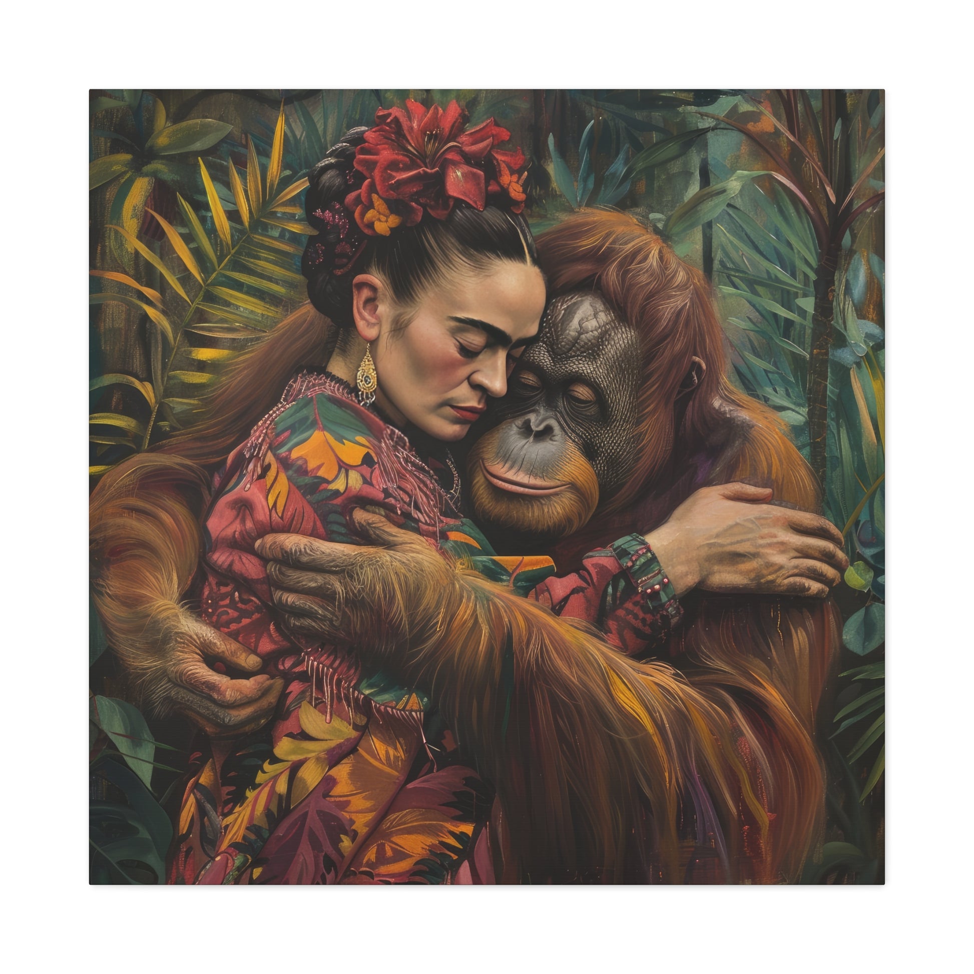 A woman in a floral dress embracing an orangutan in a tropical forest setting, depicted in a David Miller inspired canvas print by Printify.