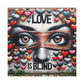 Exclusive Canvas PrintColors of Unity’ by Alexi Hartwell, featuring faces adorned with pride colors merging on a textured urban canvas, centered around the bold statement ‘Love is Blind’
