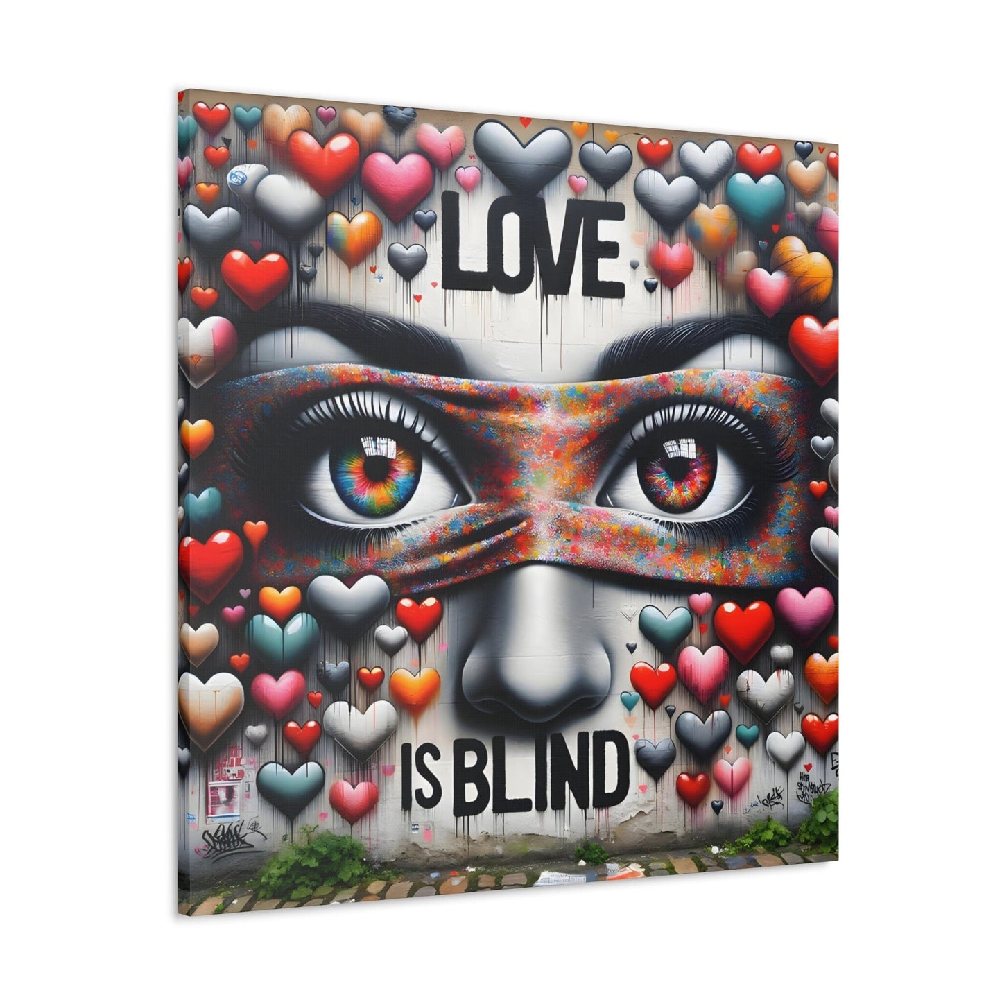 angled shot.Alexi Hartwell. CColors of Unity’ by Alexi Hartwell, featuring faces adorned with pride colors merging on a textured urban canvas, centered around the bold statement ‘Love is Blind’