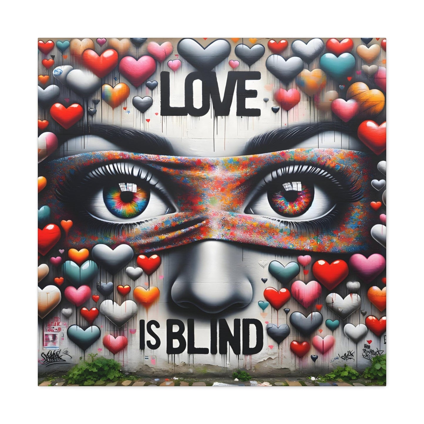 Image 2 Colors of Unity’ by Alexi Hartwell, featuring faces adorned with pride colors merging on a textured urban canvas, centered around the bold statement ‘Love is Blind’