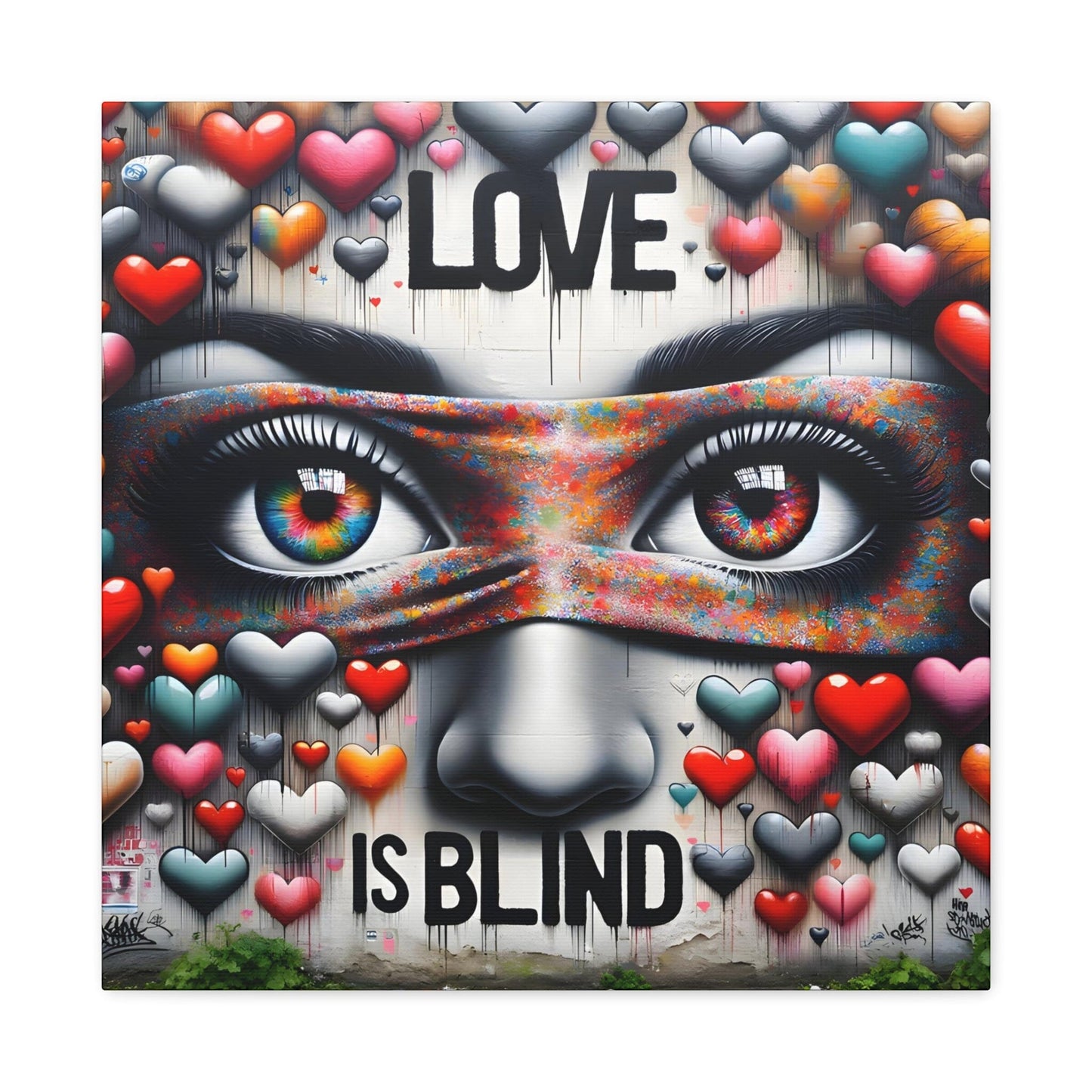 Image 3 Colors of Unity’ by Alexi Hartwell, featuring faces adorned with pride colors merging on a textured urban canvas, centered around the bold statement ‘Love is Blind’