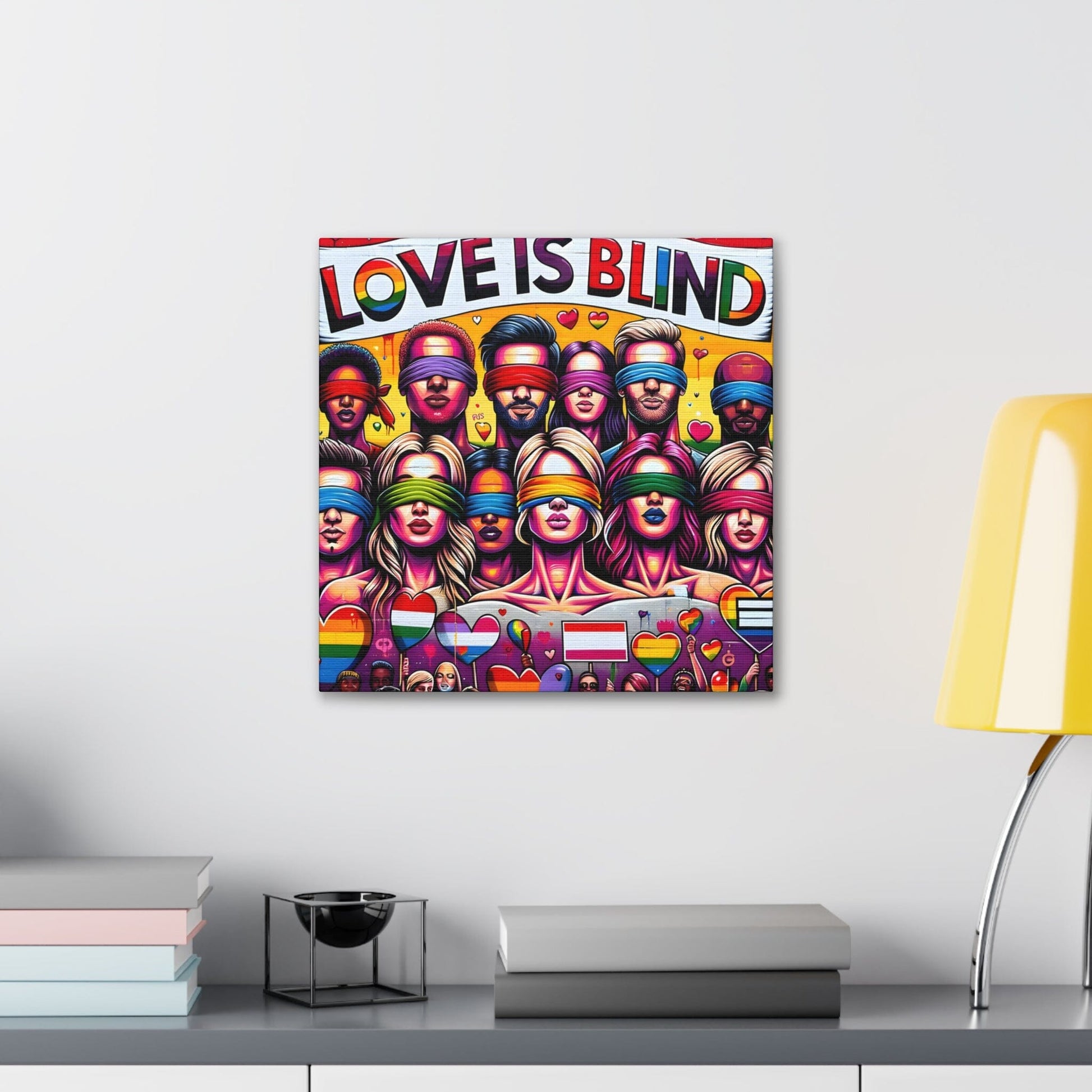 in situ with desk. Unity in Hue' by Alexi Hartwell, an artwork symbolizing inclusivity and love, featuring vibrant LGBTQ themes and urban street art style, ideal for art enthusiasts appreciative of aesthetics and social messages