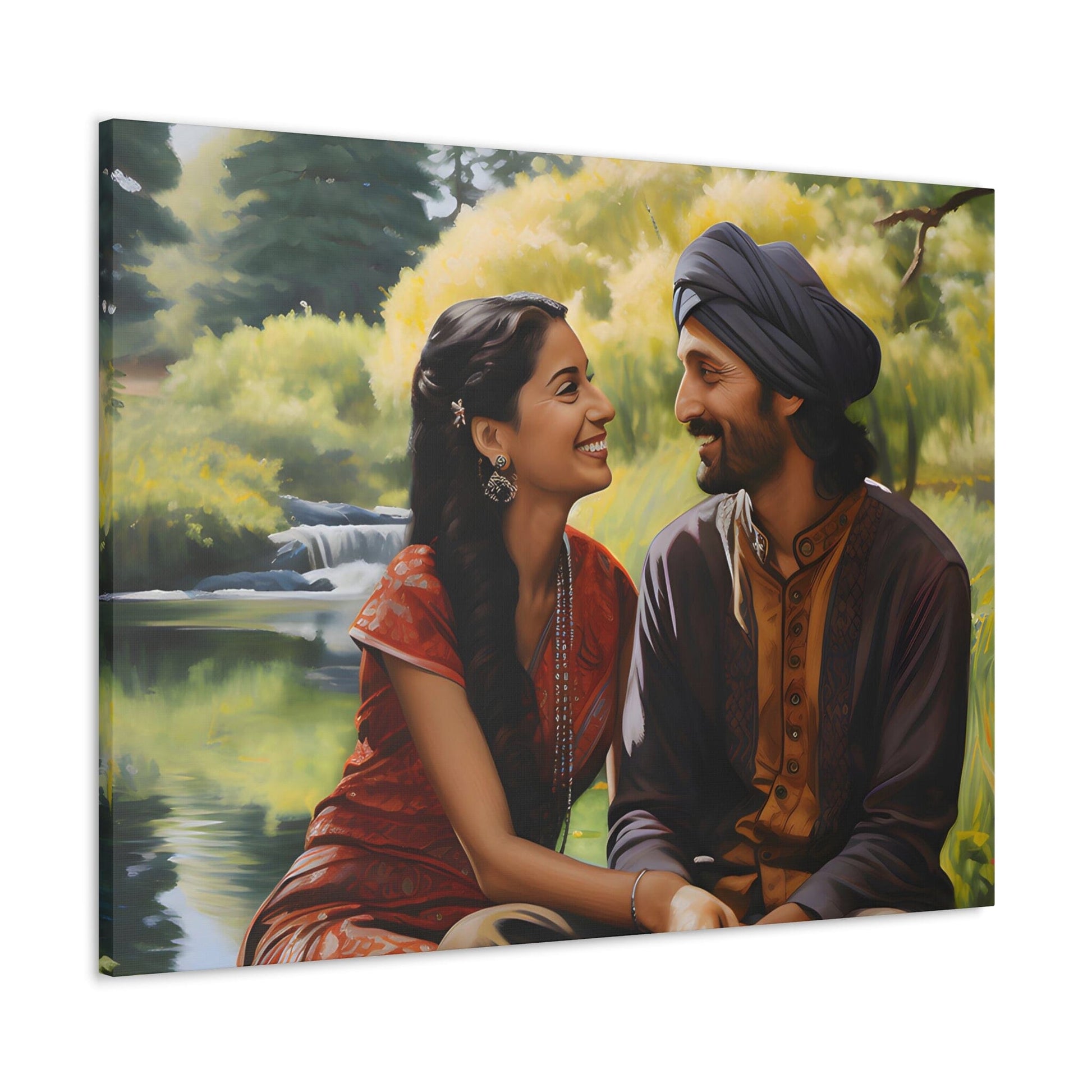 angled shot Canvas by Aravind Patel depicting a young Indian couple enjoying a serene moment in a park, surrounded by tall trees and a reflective pond, capturing the essence of romantic serenity.