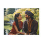 image 2 Canvas by Aravind Patel depicting a young Indian couple enjoying a serene moment in a park, surrounded by tall trees and a reflective pond, capturing the essence of romantic serenity.