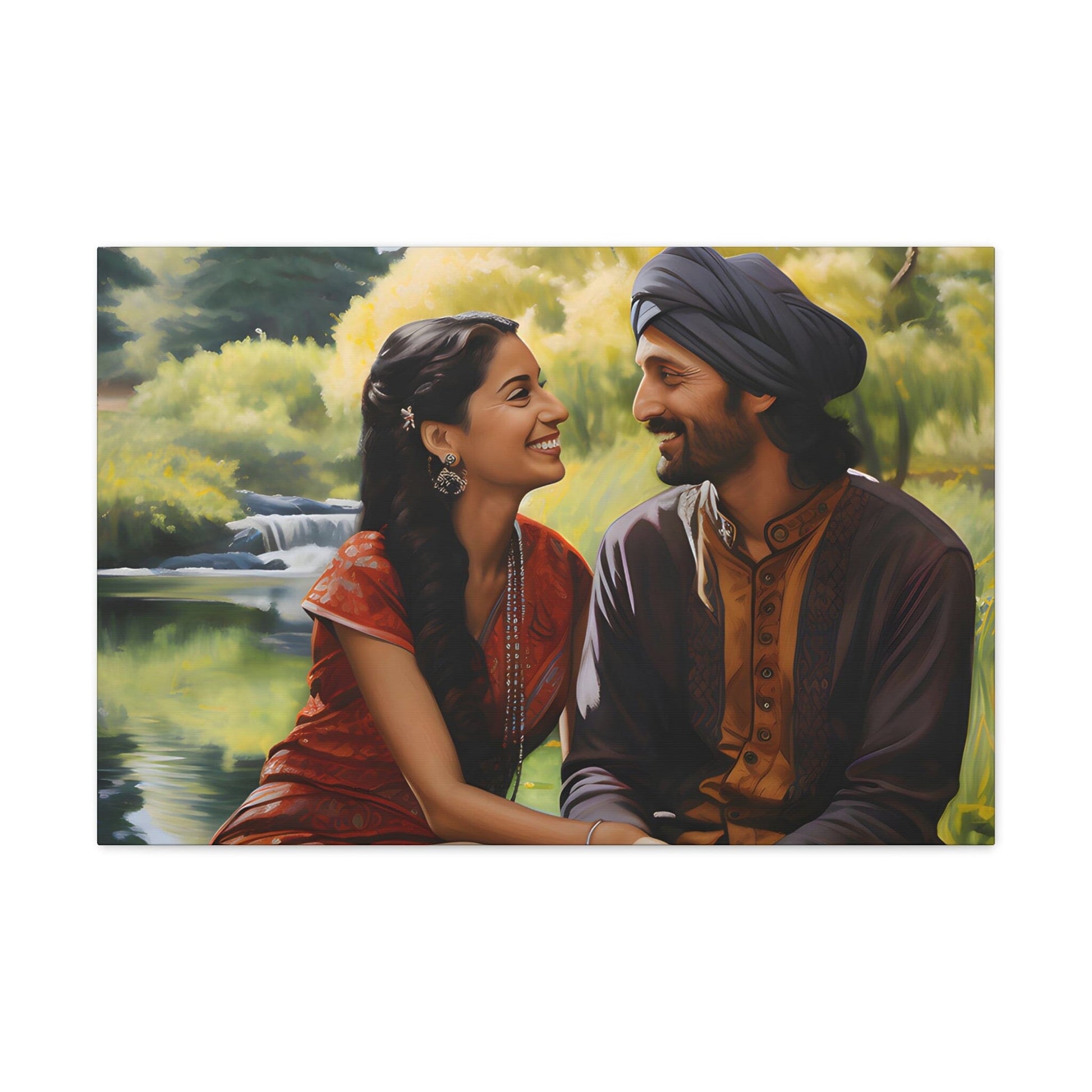 Canvas by Aravind Patel depicting a young Indian couple enjoying a serene moment in a park, surrounded by tall trees and a reflective pond, capturing the essence of romantic serenity.