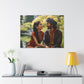 samll in situ Canvas by Aravind Patel depicting a young Indian couple enjoying a serene moment in a park, surrounded by tall trees and a reflective pond, capturing the essence of romantic serenity.