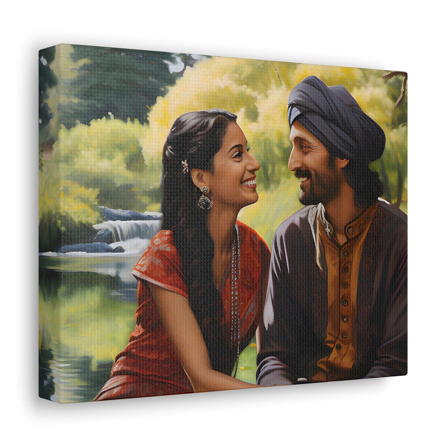 angle 2 Canvas by Aravind Patel depicting a young Indian couple enjoying a serene moment in a park, surrounded by tall trees and a reflective pond, capturing the essence of romantic serenity.