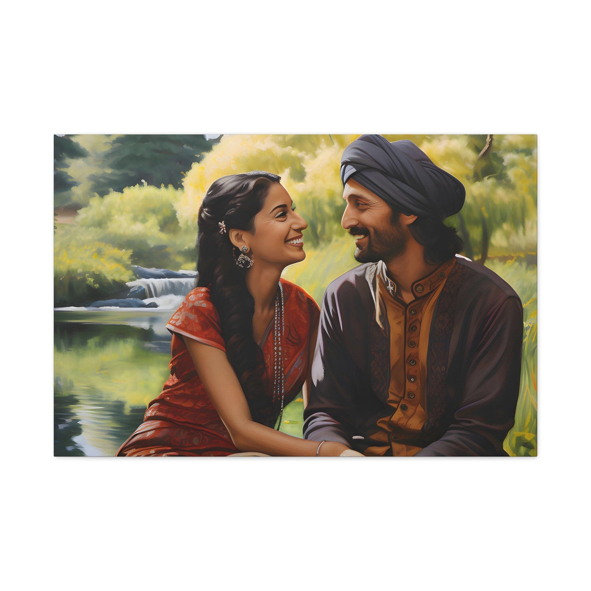 image 6 Canvas by Aravind Patel depicting a young Indian couple enjoying a serene moment in a park, surrounded by tall trees and a reflective pond, capturing the essence of romantic serenity.