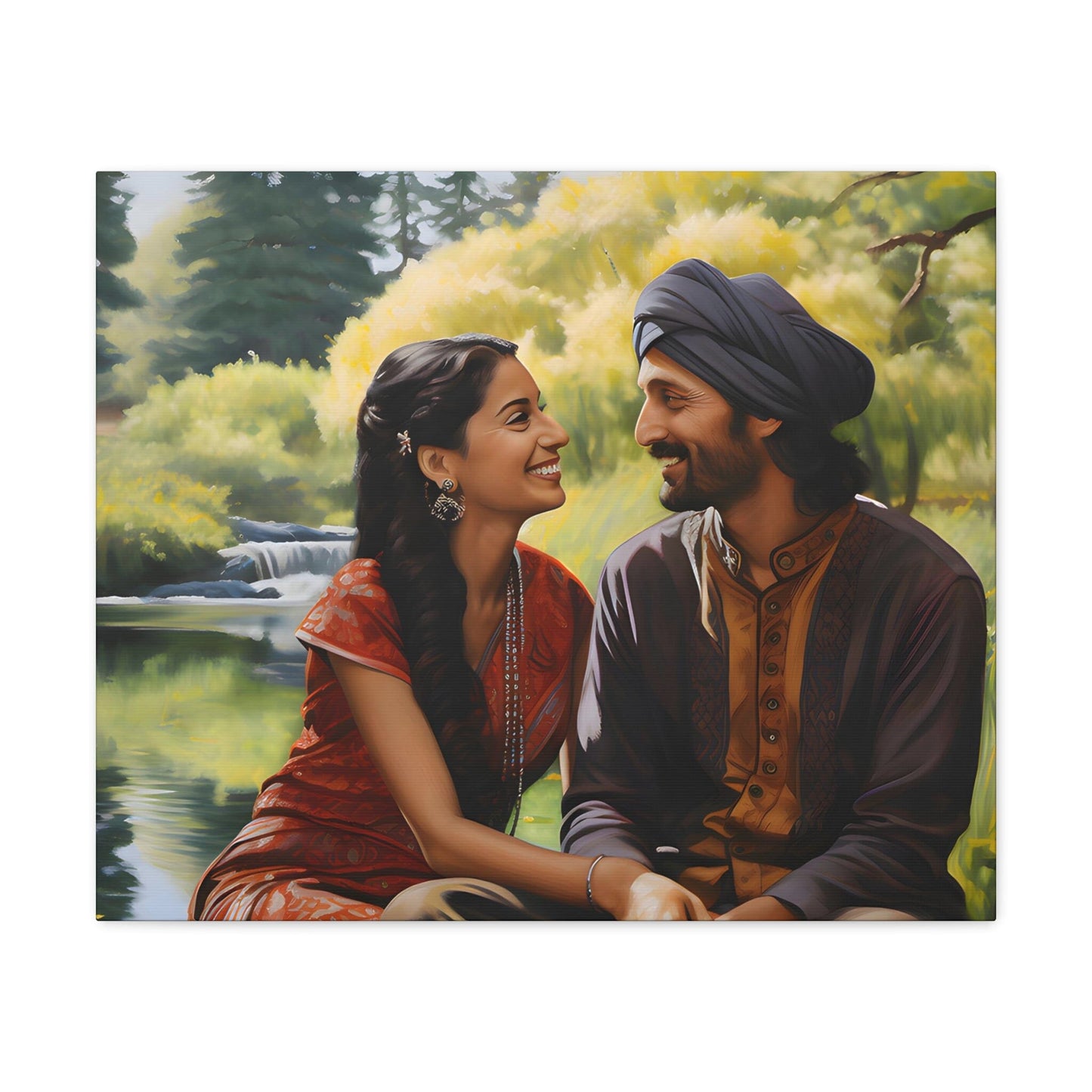 image 5 Canvas by Aravind Patel depicting a young Indian couple enjoying a serene moment in a park, surrounded by tall trees and a reflective pond, capturing the essence of romantic serenity.