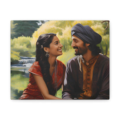 image 3 Canvas by Aravind Patel depicting a young Indian couple enjoying a serene moment in a park, surrounded by tall trees and a reflective pond, capturing the essence of romantic serenity.