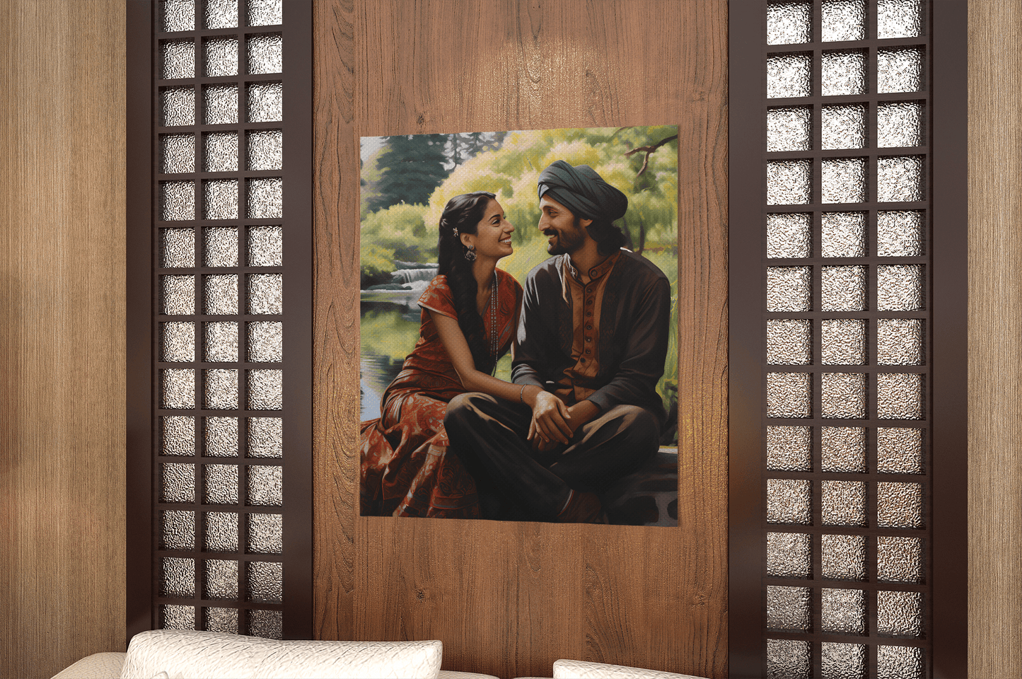 in situ Canvas by Aravind Patel depicting a young Indian couple enjoying a serene moment in a park, surrounded by tall trees and a reflective pond, capturing the essence of romantic serenity.