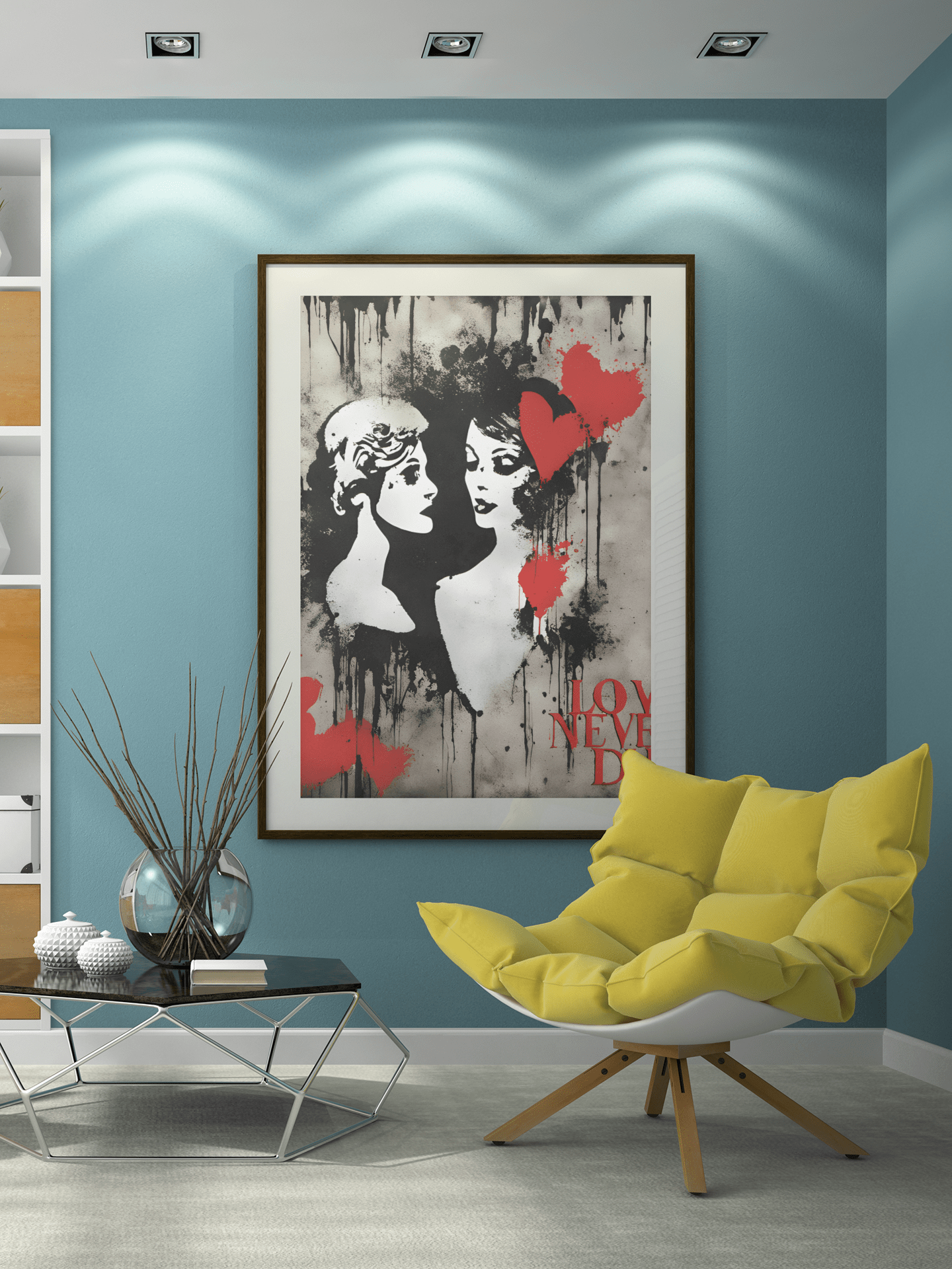 in situ Artwork from ‘Love Never Dies’ series by Aria Muralis, depicting two women’s faces intertwined in street art style, surrounded by vibrant graffiti hearts. A powerful representation of inclusive love that transcends life.