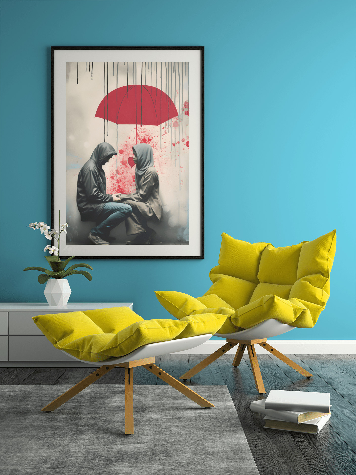 Banksy-style canvas by Ashton Rogue featuring an urban couple under a red love umbrella, symbolizing love as a sheltering force against the backdrop of a concrete jungle. A raw embodiment of street art, ideal for modern decor."
