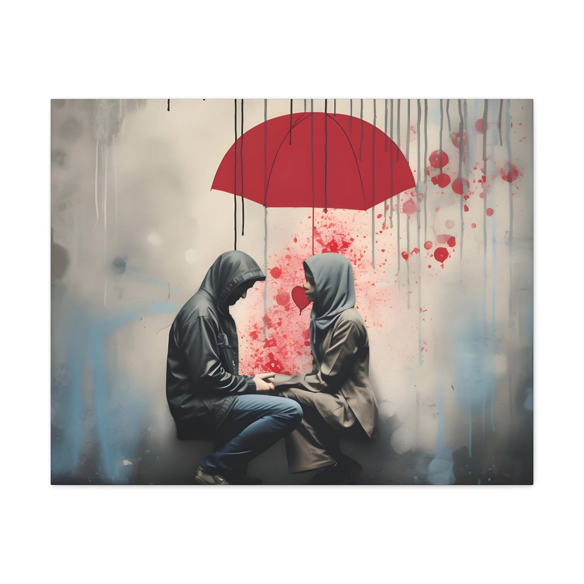 image 3 Banksy-style canvas by Ashton Rogue featuring an urban couple under a red love umbrella, symbolizing love as a sheltering force against the backdrop of a concrete jungle. A raw embodiment of street art, ideal for modern decor."