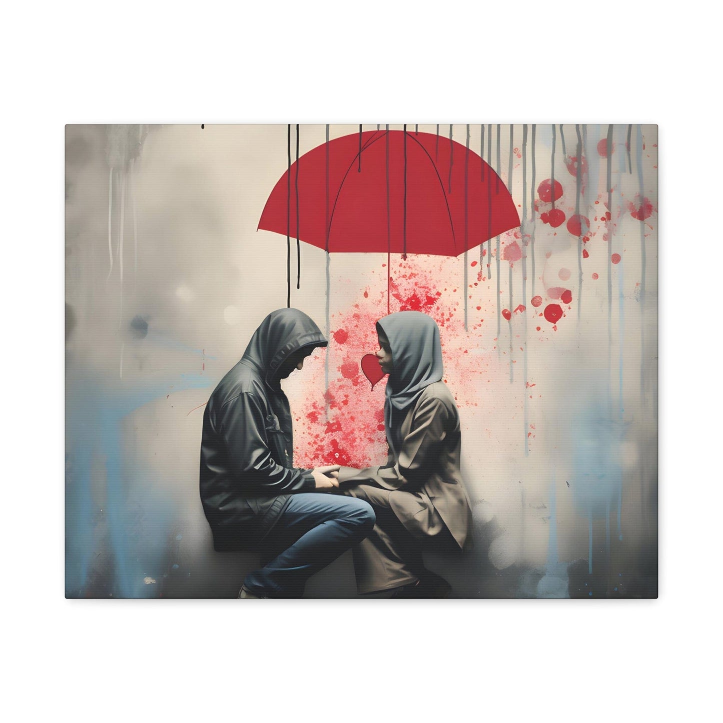 image 4 Banksy-style canvas by Ashton Rogue featuring an urban couple under a red love umbrella, symbolizing love as a sheltering force against the backdrop of a concrete jungle. A raw embodiment of street art, ideal for modern decor."