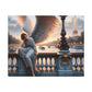 Evocative canvas depicting a pensive love angel seated on a bridge over the serene Seine in Paris, with folded wings and a distant gaze that embodies the city's romantic essence. Muted palette and soft brushstrokes give the artwork a dreamlike quality, blending the ethereal with the historic charm of Paris