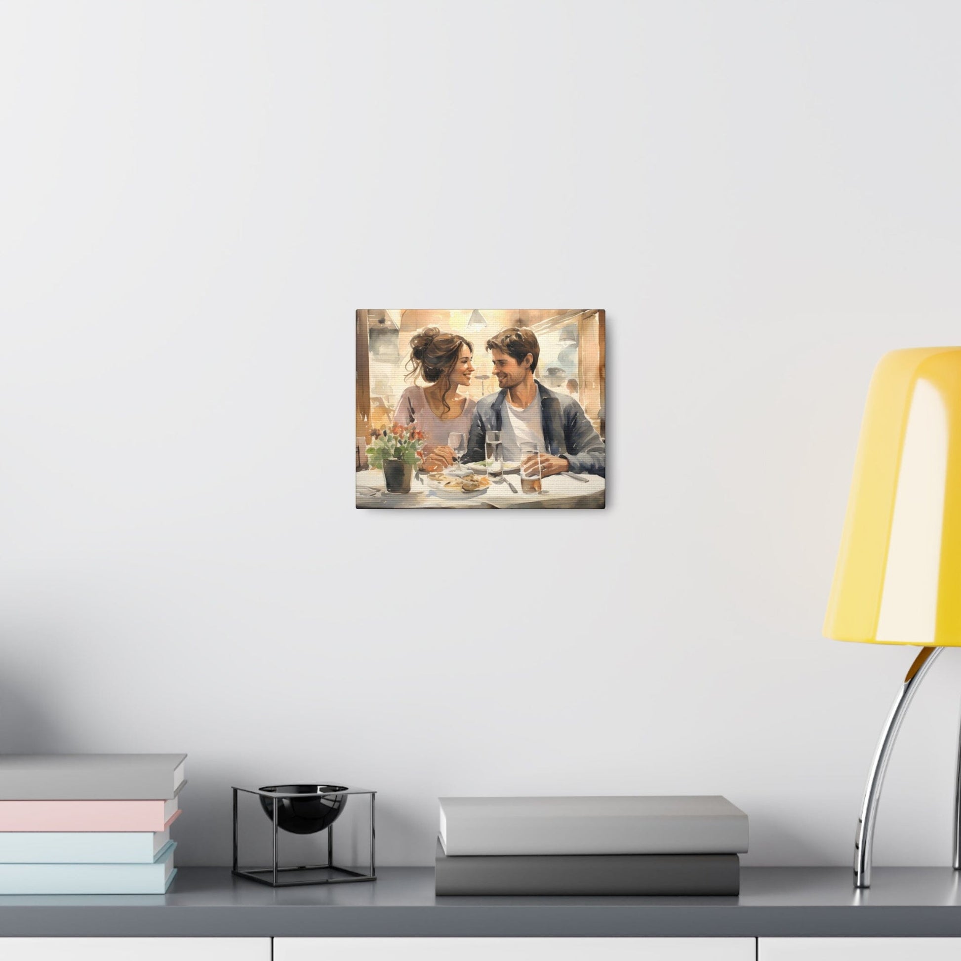 in situ with desk This captivating watercolor canvas showcases a young couple, deeply in love, sharing an intimate meal at a cozy restaurant. The soft, romantic hues highlight their comfort and contentment, creating a tender atmosphere. It's a heartfelt portrayal of romance.