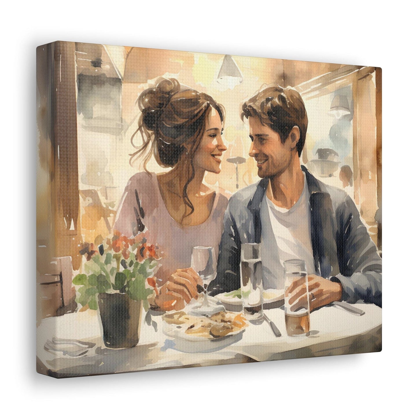 angle pic This captivating watercolor canvas showcases a young couple, deeply in love, sharing an intimate meal at a cozy restaurant. The soft, romantic hues highlight their comfort and contentment, creating a tender atmosphere. It's a heartfelt portrayal of romance.