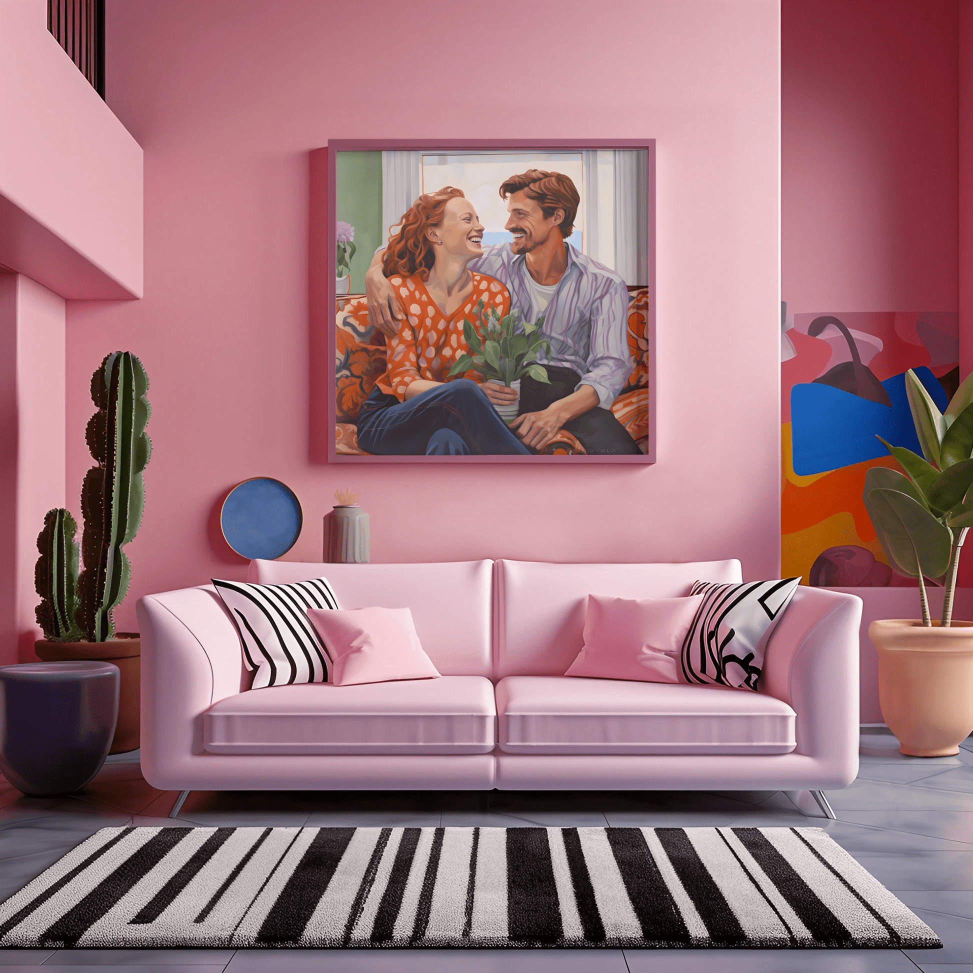 in situ pink sofa This captivating watercolor canvas showcases a young couple, deeply in love, sharing an intimate meal at a cozy restaurant. The soft, romantic hues highlight their comfort and contentment, creating a tender atmosphere. It's a heartfelt portrayal of romance.