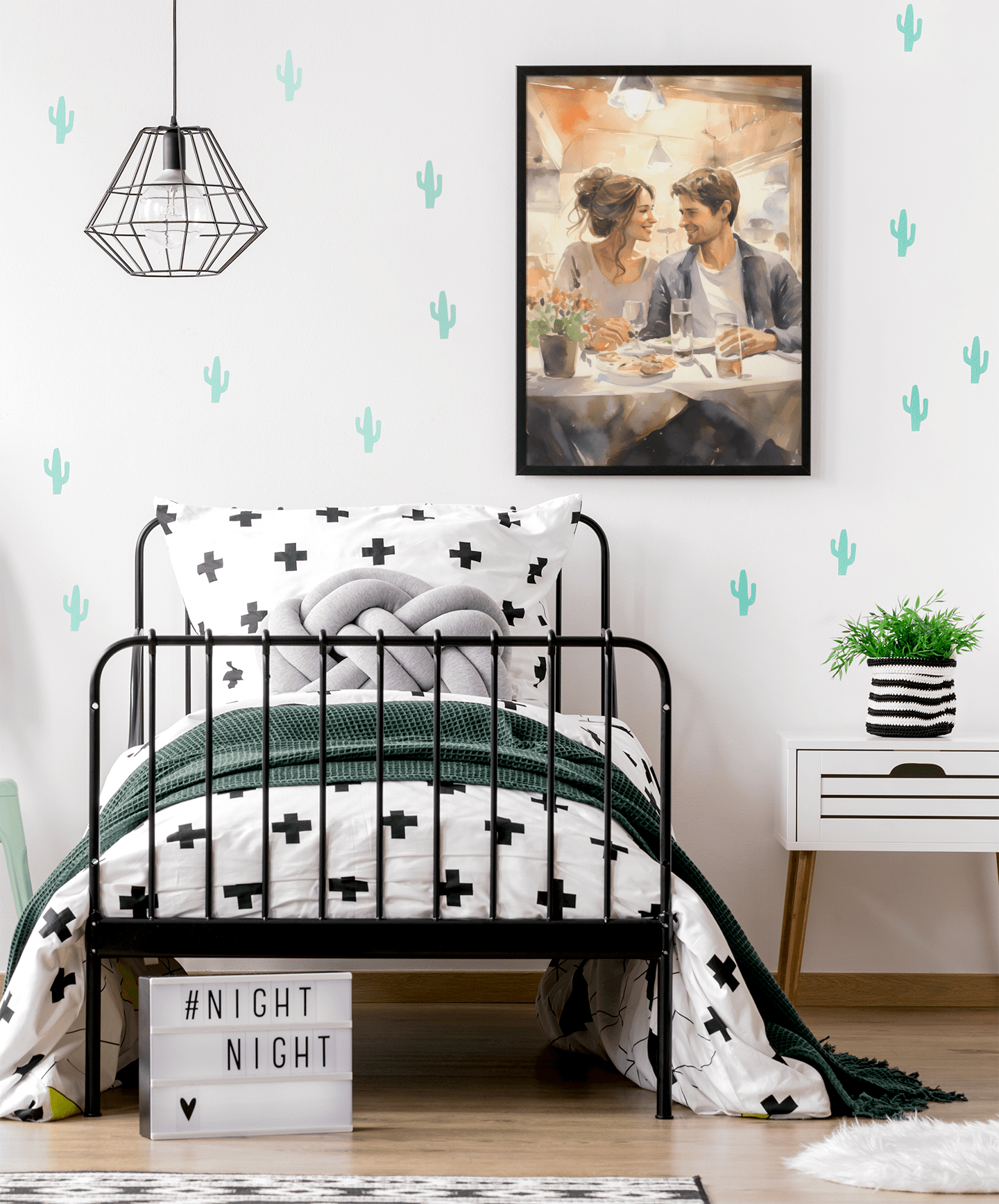 This captivating watercolor canvas showcases a young couple, deeply in love, sharing an intimate meal at a cozy restaurant. The soft, romantic hues highlight their comfort and contentment, creating a tender atmosphereIn situ on bedroom wall. It's a heartfelt portrayal of romance.
