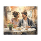 pic 4 This captivating watercolor canvas showcases a young couple, deeply in love, sharing an intimate meal at a cozy restaurant. The soft, romantic hues highlight their comfort and contentment, creating a tender atmosphere. It's a heartfelt portrayal of romance.