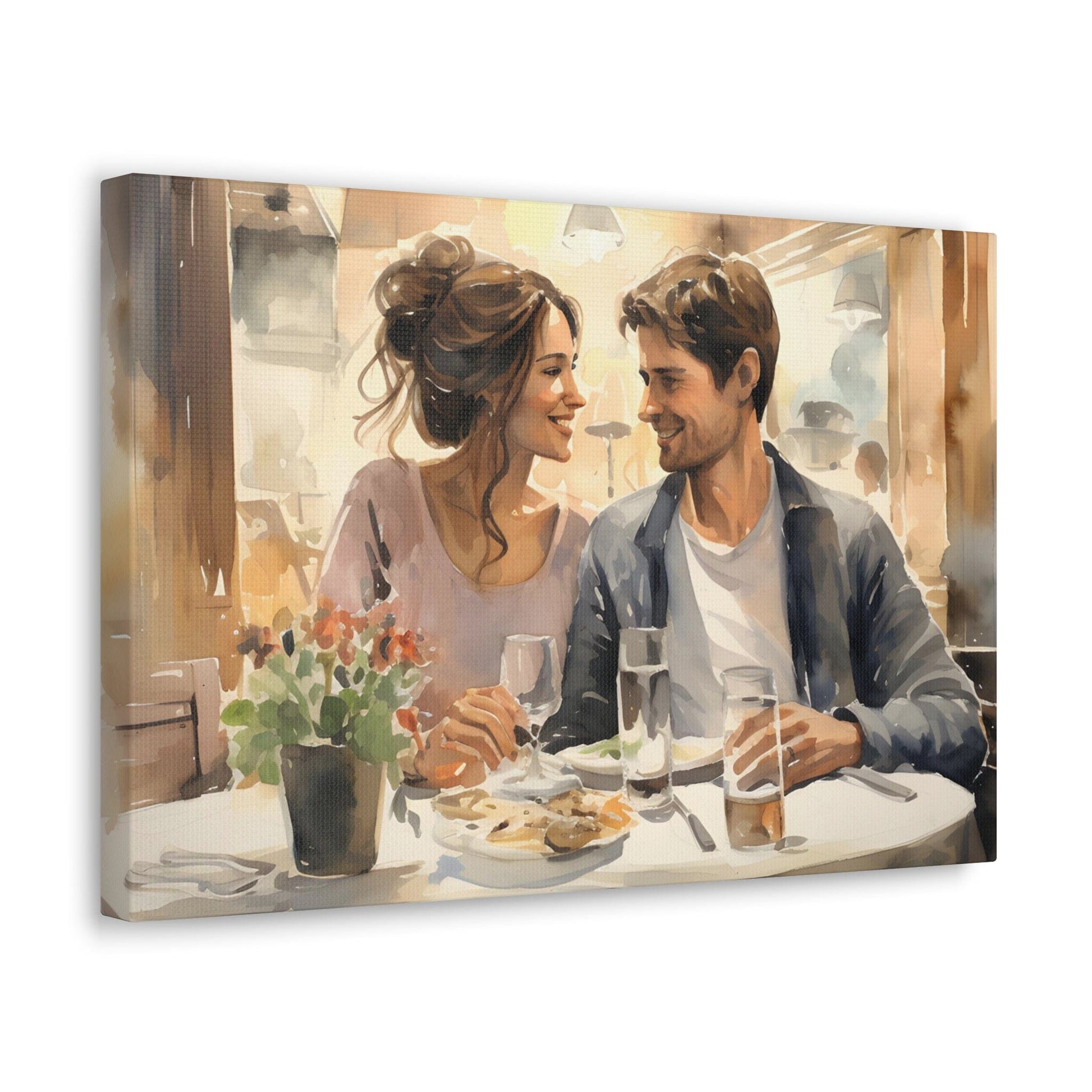 angle 2 This captivating watercolor canvas showcases a young couple, deeply in love, sharing an intimate meal at a cozy restaurant. The soft, romantic hues highlight their comfort and contentment, creating a tender atmosphere. It's a heartfelt portrayal of romance.