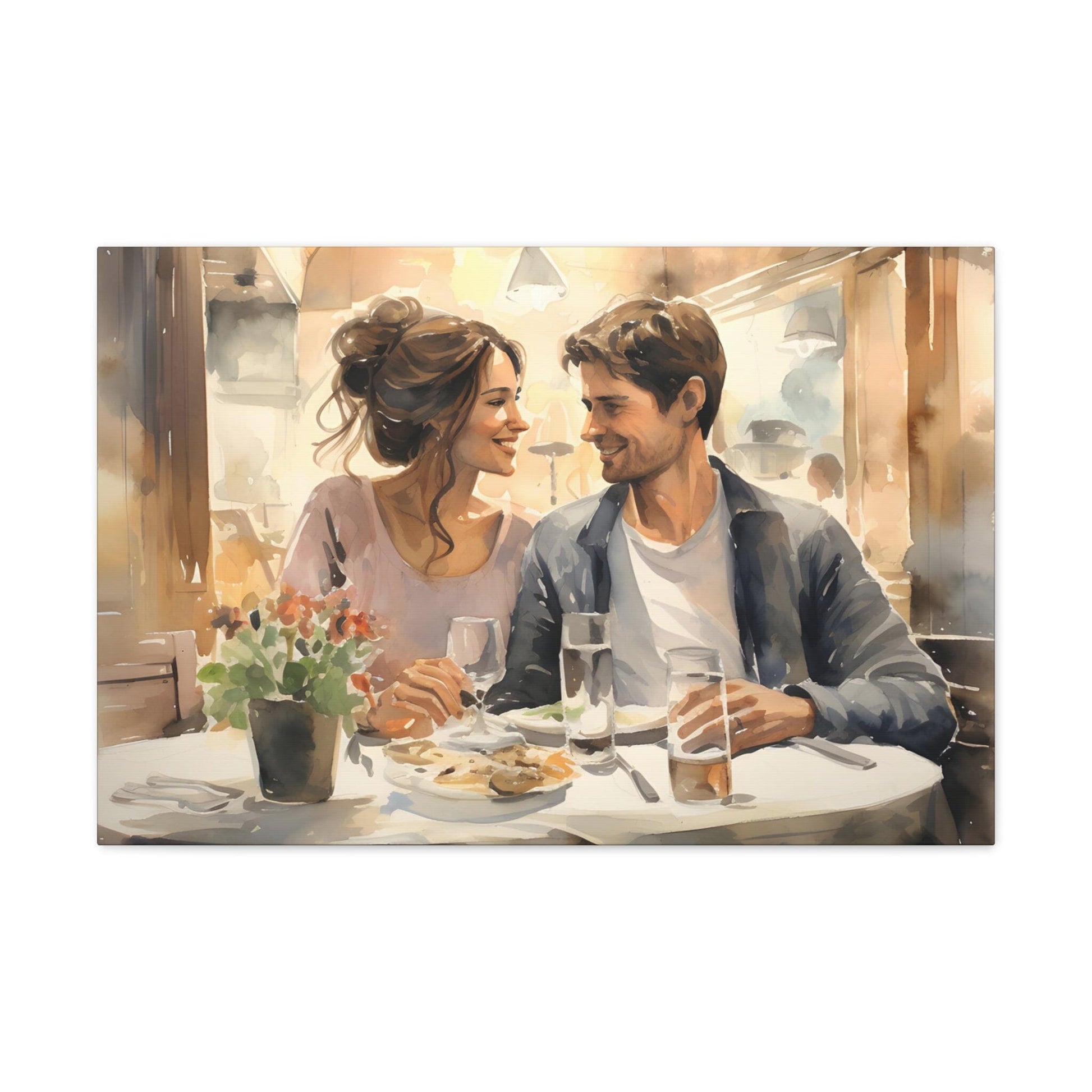 pic 3 This captivating watercolor canvas showcases a young couple, deeply in love, sharing an intimate meal at a cozy restaurant. The soft, romantic hues highlight their comfort and contentment, creating a tender atmosphere. It's a heartfelt portrayal of romance.