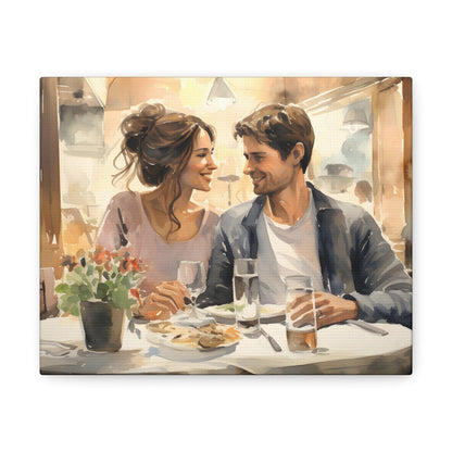 pic 2This captivating watercolor canvas showcases a young couple, deeply in love, sharing an intimate meal at a cozy restaurant. The soft, romantic hues highlight their comfort and contentment, creating a tender atmosphere. It's a heartfelt portrayal of romance.