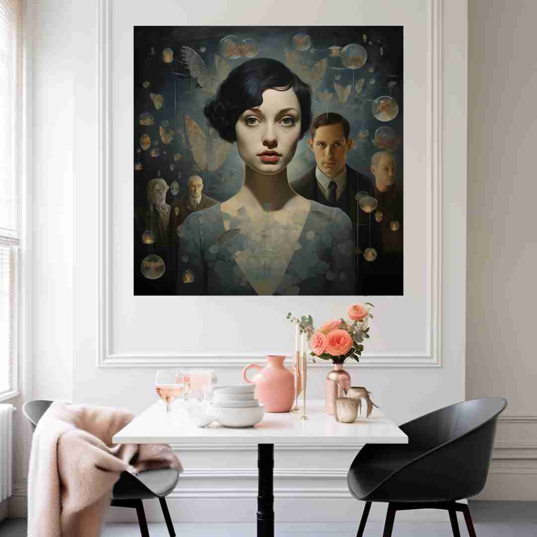 in lovely dining room setting. Hauntingly beautiful portrayal of a woman in contemplation, surrounded by subtle figures of men and transient butterflies, symbolizing the fleeting nature of relationships and memories.